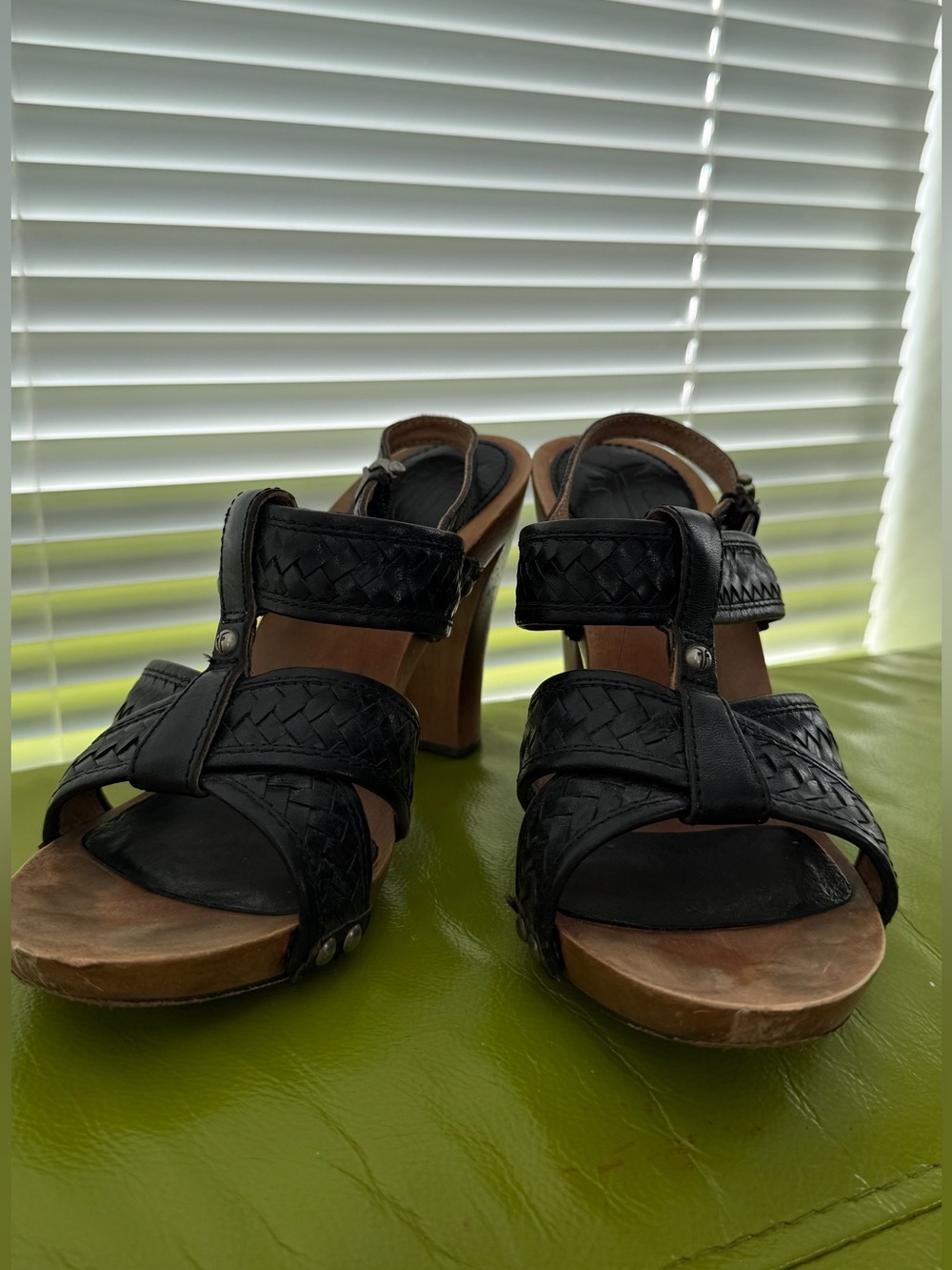Frye Dolly Black Woven Leather Block Heel Sandals